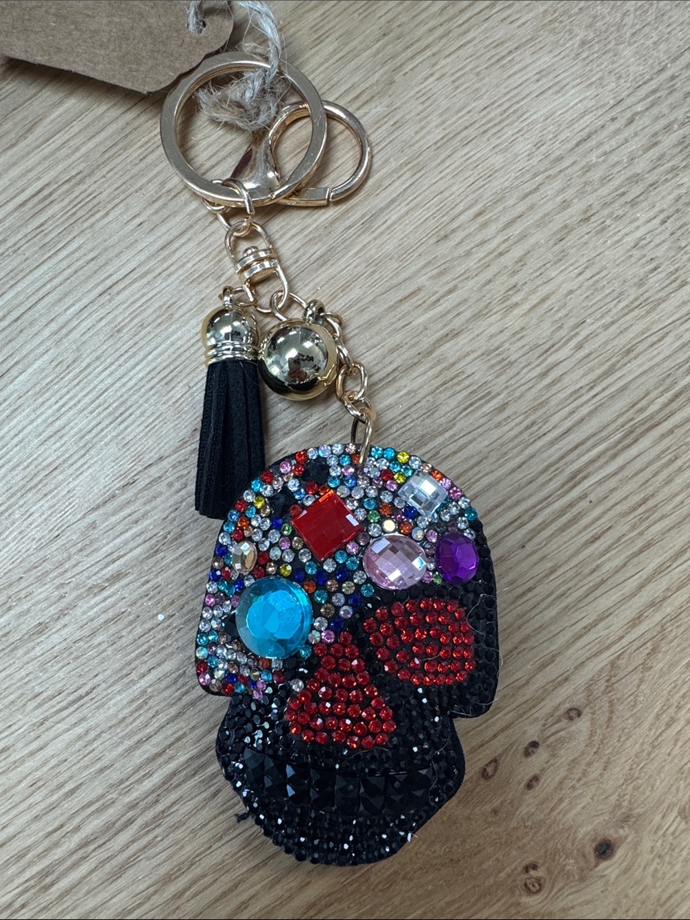 Beaded Skull Keychain Charm - Black with Multicolor Gem Accents